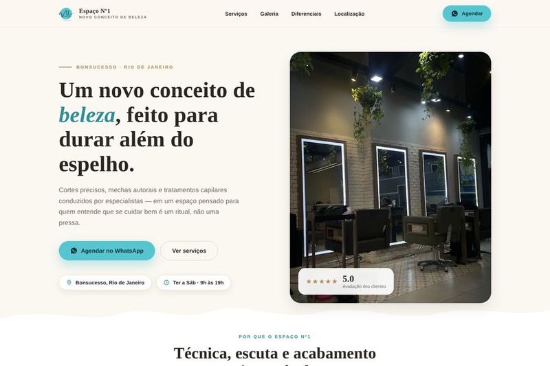 Página inicial do site do salão Espaço Nº1