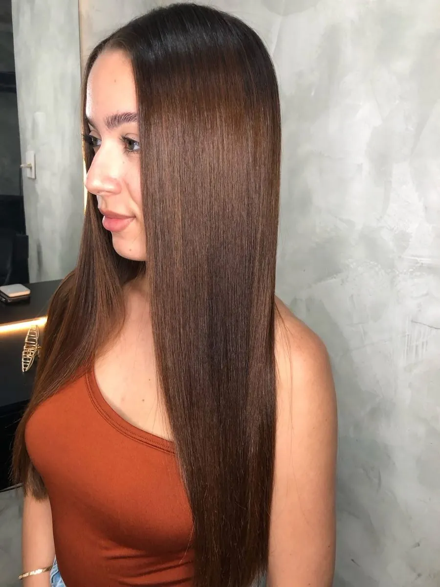 Cabelo longo, liso e brilhante, em tom castanho acobreado, visto de perfil